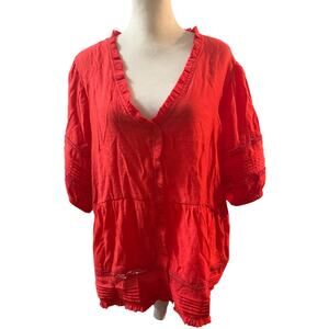 Bobeau Red Boho Peasant Blouse, Ruffle Pintuck Sleeve, Plus Size 2XL